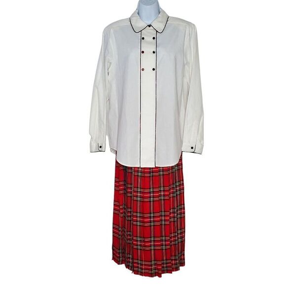 Vtg Bechamel Plaid Pleated Maxi Skirt Button Up Shirt Set Sz 12 Christmas Red - Picture 4 of 9